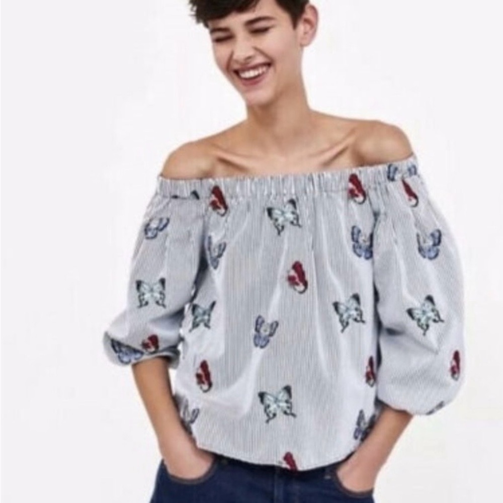 Zara Off-Shoulder Butterfly Print Blouse Blue White striped Sz XS